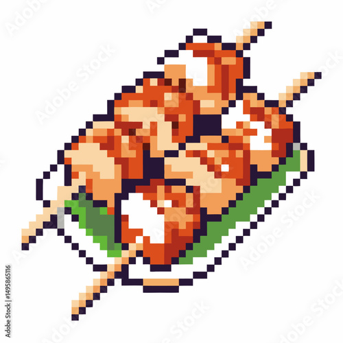 Pixel art skewered food in retro grilled appetizing skewers on plate with green garnish