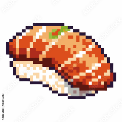 Pixel art sushi piece with rice and fish topping retro digital food illustration, japanese culinary icon