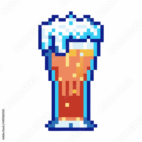 Pixel art refreshing drink frothy beer retro gaming style, vibrant colors, digital illustration