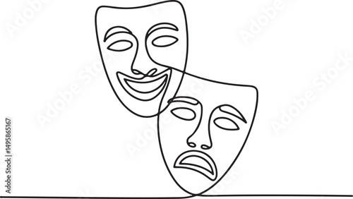 Greek theater mask drawn in continuous one line style representing comedy and tragedy expressions in minimalist elegant vector design


