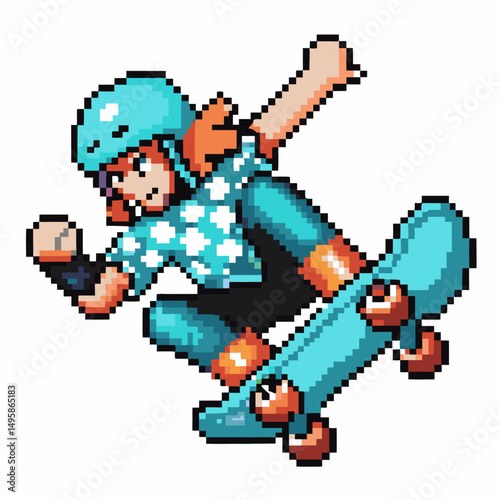 pixel art skateboarder mid jump retro skateboarding, vibrant blue outfit, helmet, dynamic urban sport pose