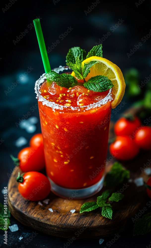 custom made wallpaper toronto digitalMinty tomato refresher. A vibrant tomato-based drink is garnished with mint leaves and lemon, served with fresh tomatoes on a rustic table.