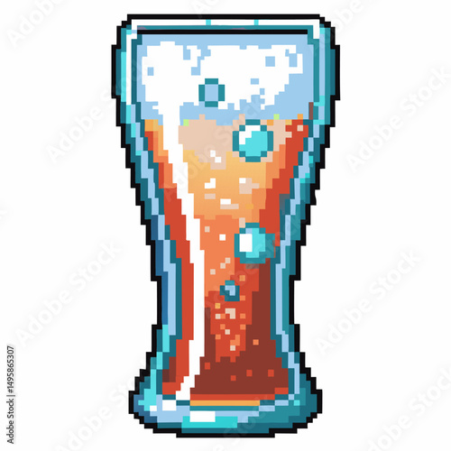 Pixel art of refreshing soda in glass with bubbles and foamy top