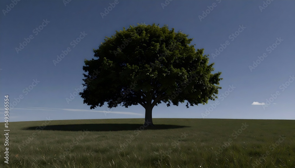Obraz premium Lone green tree in a grassy field under a clear blue sky