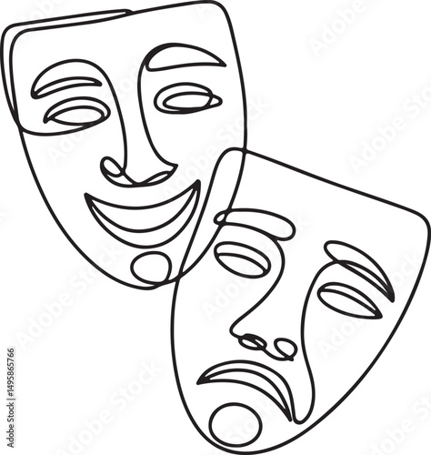 Greek theater mask drawn in continuous one line style representing comedy and tragedy expressions in minimalist elegant vector design

