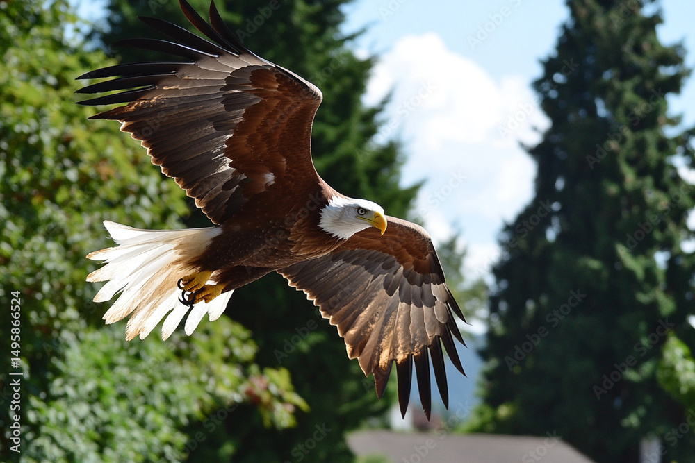 Obraz premium Majestic eagle soars gracefully above a lush forest landscape on a clear sunny day