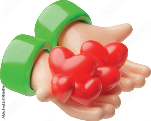 3D hand holding red hearts on palms. Charity, volunteering, social help theme.