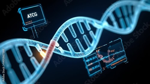 Illuminated dna strand with atcg sequence and data analysis on dark background