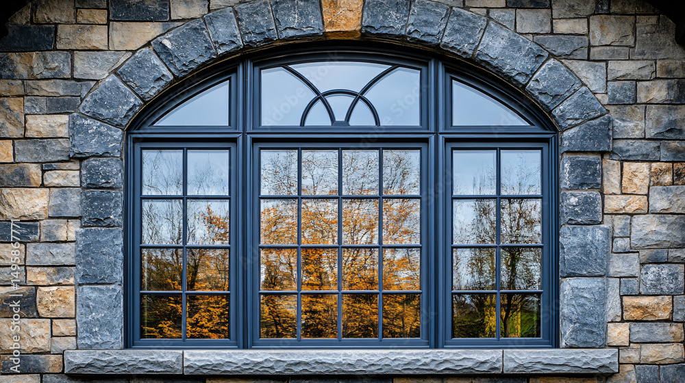 Obraz premium Elegant Stone Arch Window with Reflections of Autumn Trees