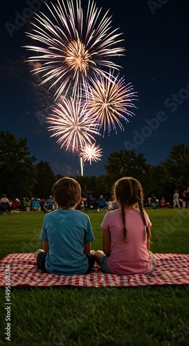 Kids watching fireworks on Independence Day night photo