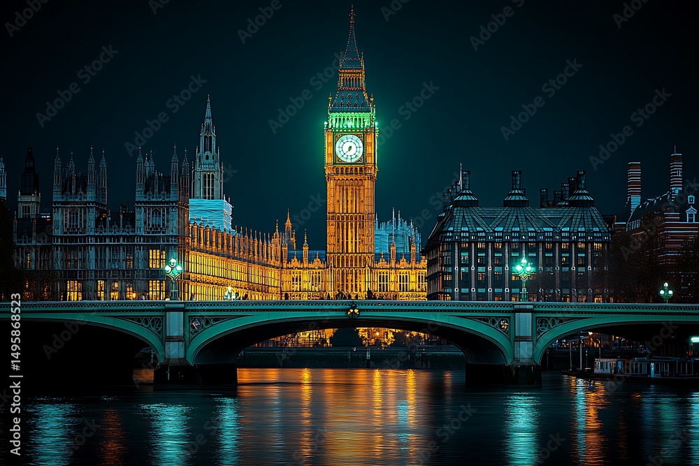 Naklejka premium Illuminated big ben and westminster palace reflection over river thames at night