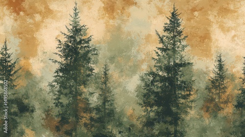 Impressionistic painting of a forest with tall pine trees against a muted yellow and green sky