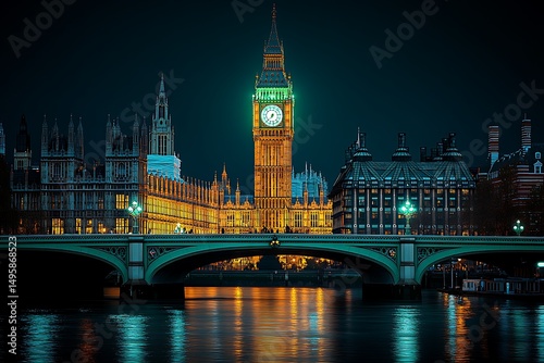 Illuminated big ben and westminster palace reflection over river thames at night