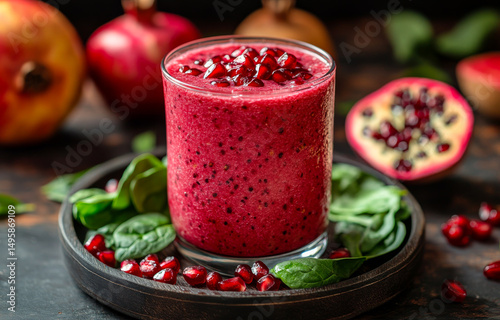 Wallpaper Mural Pomegranate spinach smoothie. Healthy pomegranate smoothie topped with fresh seeds and served with spinach, showcasing vibrant colors and textures. Torontodigital.ca