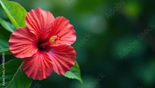 Bold tropical hibiscus, lush green leaves, vibrant colors, print, orange