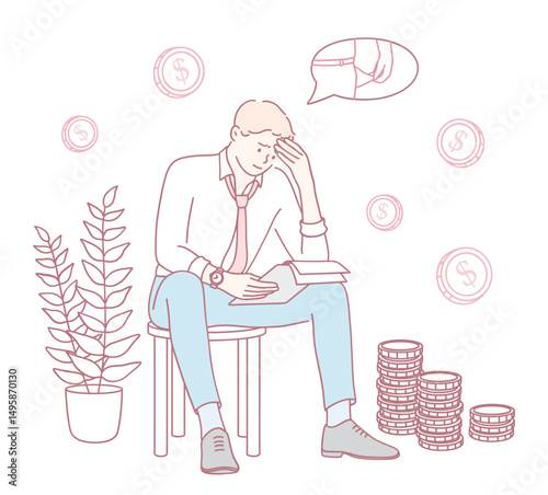A young man sits in contemplation, surrounded by coins, symbolizing financial stress and challenges.
