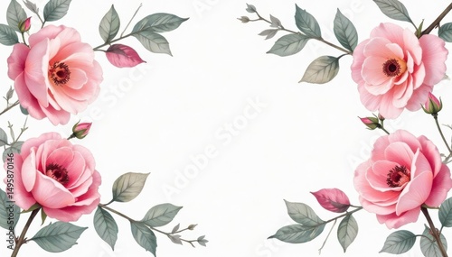 Delicate watercolor roses & leaves, pastel hues, pink, romantic