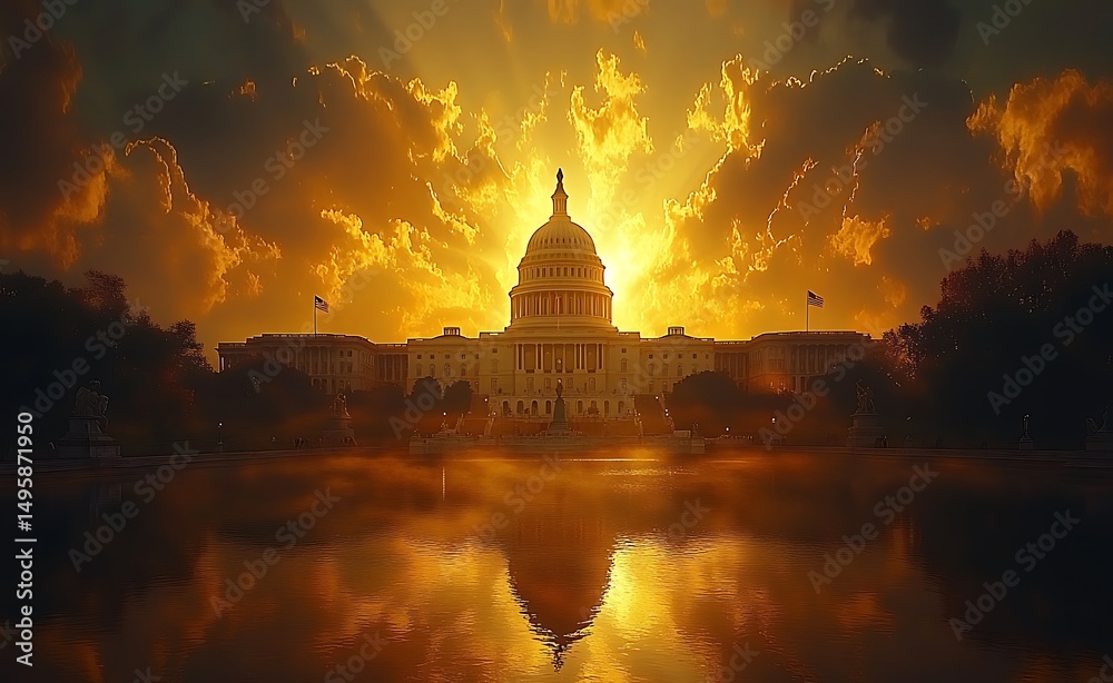 Obraz premium The united states capitol building at sunset beautifully reflecting in the still water