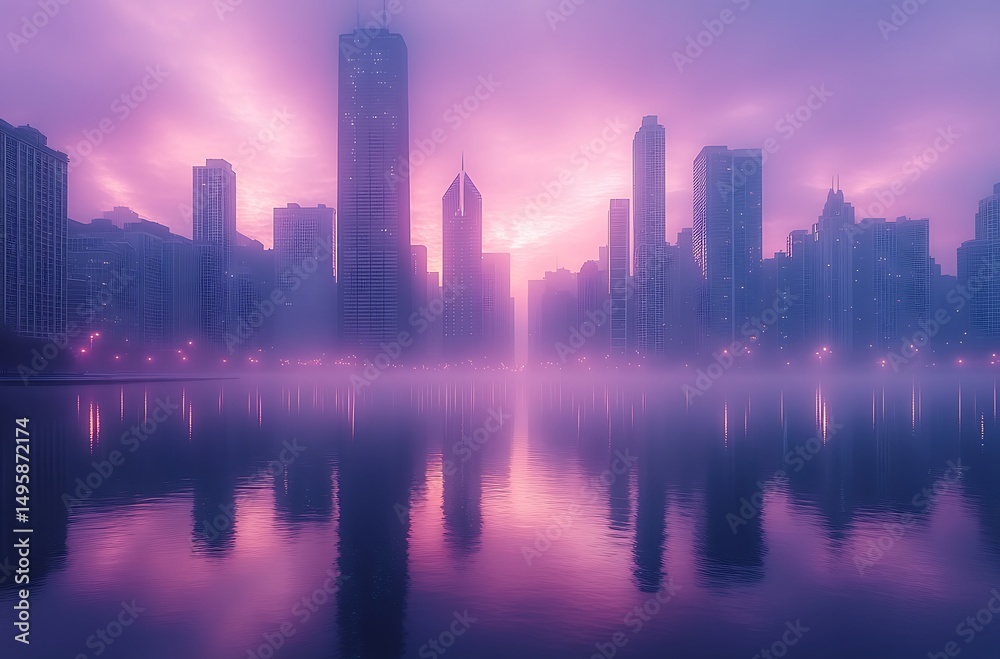 Fototapeta premium Serene purple hued cityscape featuring skyscrapers silhouetted against a foggy twilight sky