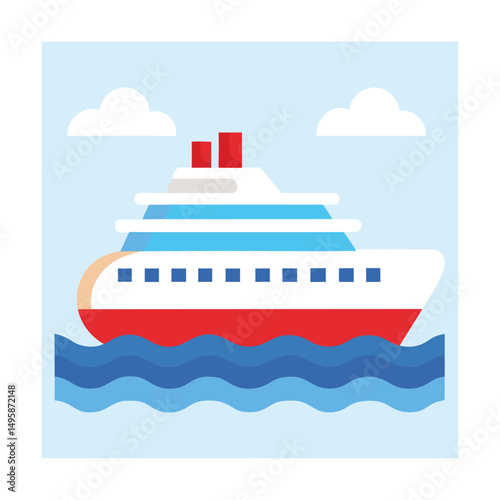 Colorful stylized cruise ship with puffy clouds sailing on ocean waves in blue sky