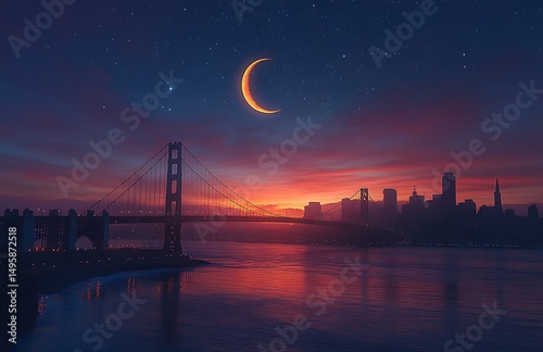 Golden gate bridge and san francisco skyline at dusk with crescent moon and stars