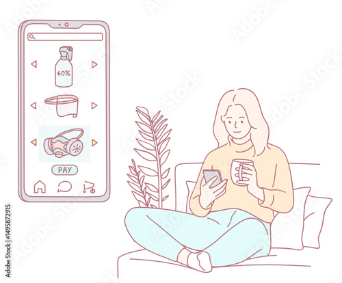 A woman is happily enjoying a session of online shopping on her phone while comfortably relaxing at home