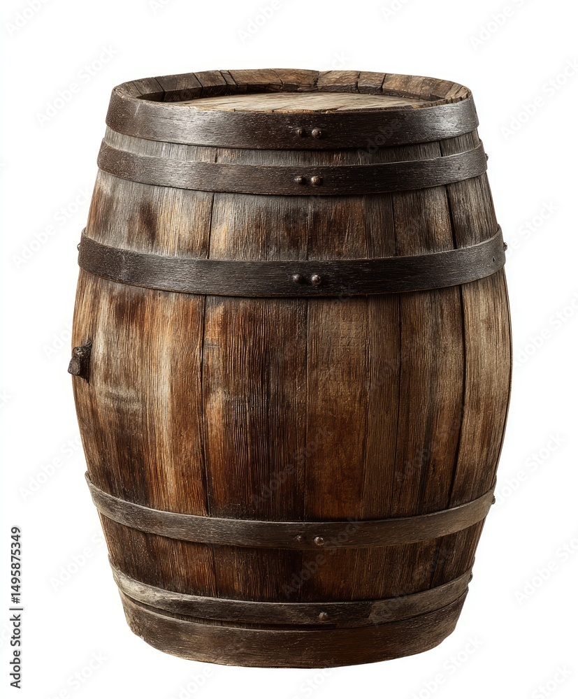Fototapeta premium Aged wooden barrel, weathered and rustic. A sturdy, round container with dark brown wood, metal bands encircling it. Showing signs of age and use