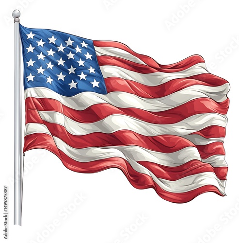 American flag waving on a pole depicting patriotism and national pride on white