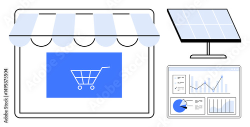 Shopping cart on storefront display, solar panel, and analytics dashboard. Ideal for e-commerce, sustainability, business management, data tracking, renewable energy, digital marketing and simple