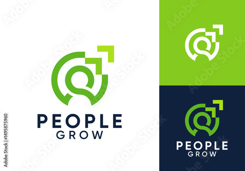 people with arrow logo design. grow elevate job work symbol vector concept