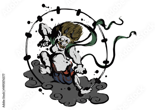 Raijin - Japanese God of Thunder in Sumi-e Ink Painting