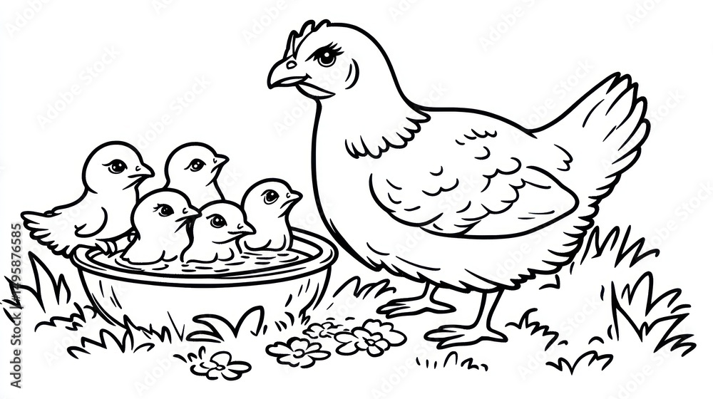 Obraz premium Hen watches her chicks bathing in a bowl outside in grassy field