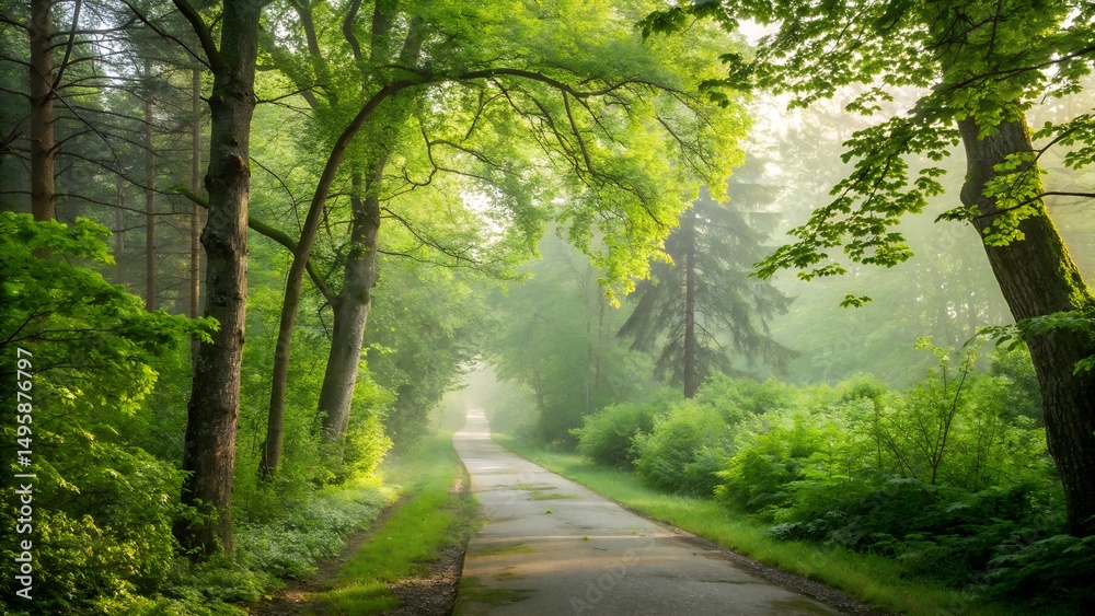Naklejka premium A green forest path winds through the trees, a scenic summer landscape