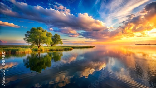 Wallpaper Mural Beautiful calm sunset over a river with reflections of clouds in the blue sky Torontodigital.ca