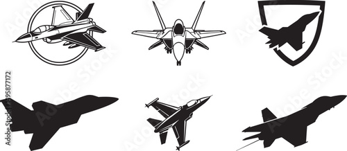 Jet fighter logo royalty free stock silhouette.