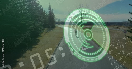 Timer overlay starting ride initiating fitness tracking via HUD and teenage cyclist pedaling trail