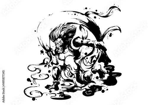 Fujin - Japanese God of Wind in Sumi-e Ink Painting