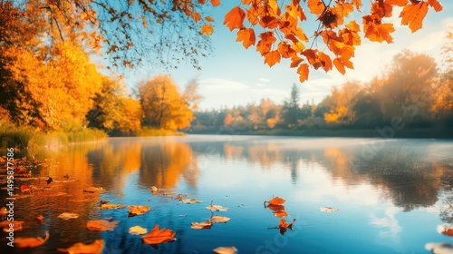 Wallpaper Mural A serene autumn landscape with a lake reflecting colorful trees and leaves floating on the water surface Torontodigital.ca