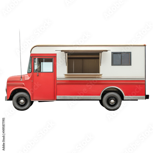 Classic Red Food Truck with Open Window in Urban Setting on transparent background