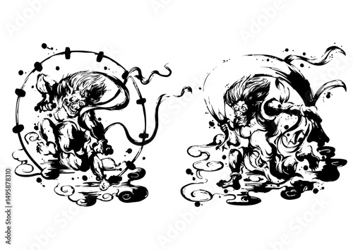 Fujin and Raijin - Japanese Gods of Wind and Thunder in Sumi-e Ink Painting