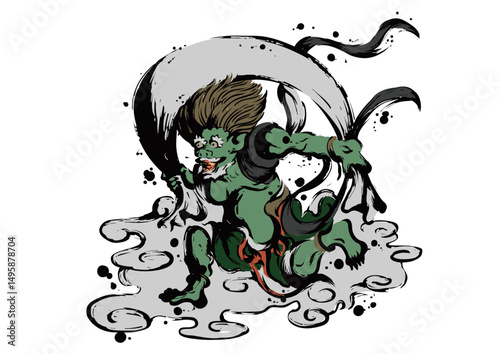 Fujin - Japanese God of Wind in Sumi-e Ink Painting