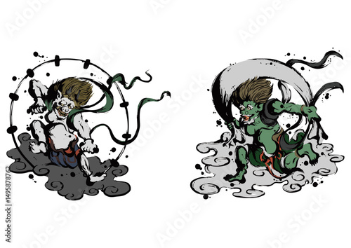 Fujin and Raijin - Japanese Gods of Wind and Thunder in Sumi-e Ink Painting