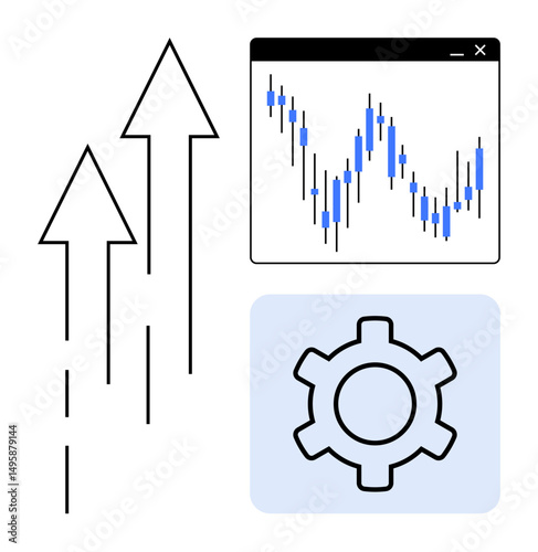 Arrows rising upward alongside a candlestick chart and a gear icon represent progress, financial analytics, and optimization. Ideal for business, finance, technology, strategy, data, innovation