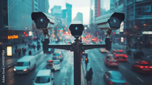 Multiple CCTV cameras monitoring a busy city street from tall poles