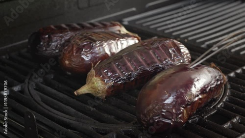 close-up barbecue grill eggplant