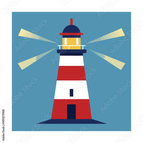 Illustrated lighthouse with red and white stripes and beaming light against a blue background