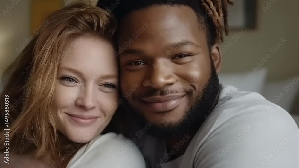 Intimate portrait of cheerful diverse couple embracing with genuine smiles Intimate portrait of cheerful diverse couple embracing with genuine smiles