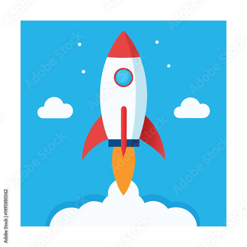 Cartoon illustration of a rocket ship launching into the blue sky with clouds and stars
