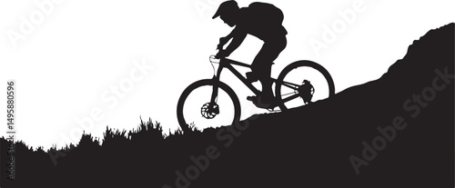 Mountain Biker Silhouette Ascending Hillside Trail