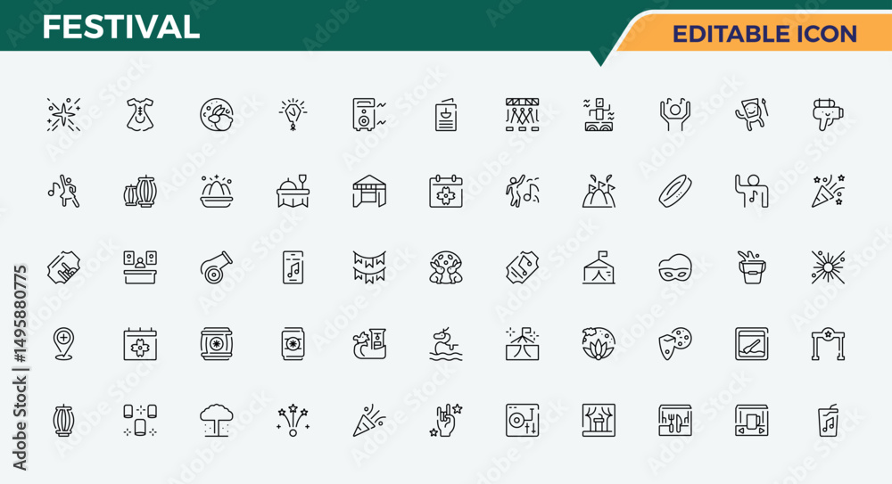 Set of Festival line icon. Containing firework, celebration, party, holiday, decoration, event and more. Icons for website. Entertainment icon set. Vector artwork and illustration.